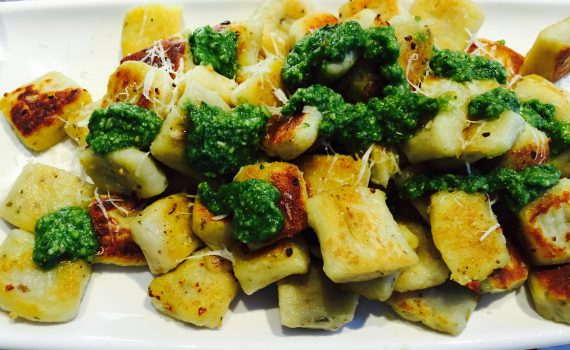 Crispy Garlic Gnocchi with Fresh Pesto