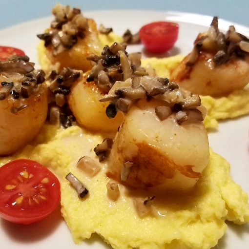 Seared Scallops with Polenta, Mushrooms, & Cherry Tomatoes