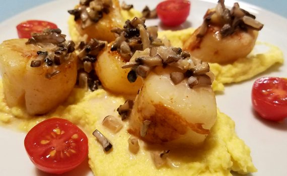 Seared Scallops with Polenta, Mushrooms, & Cherry Tomatoes