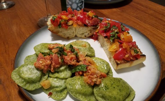 Spinach Prosciutto Ravioli with Heirloom Bruschetta