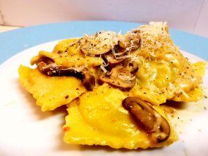 Crab Ravioli with Mushrooms & Parmesan