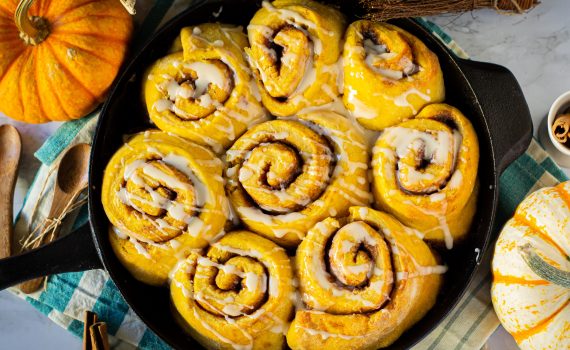 Pumpkin cinnamon buns with chai tea latte icing