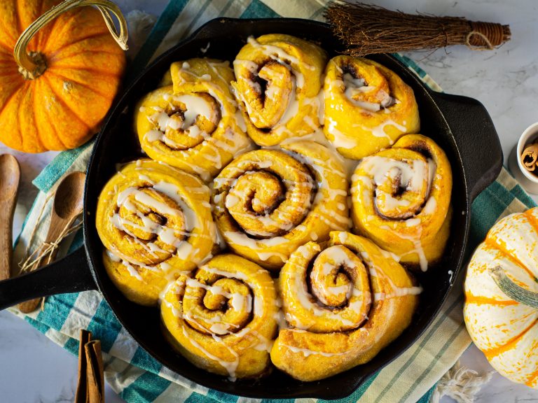 Pumpkin cinnamon buns with chai tea latte icing