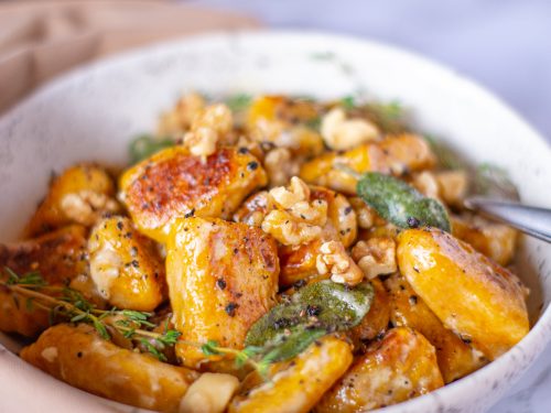 Pumpkin Gnocchi with Walnuts and Creamy Sage Sauce