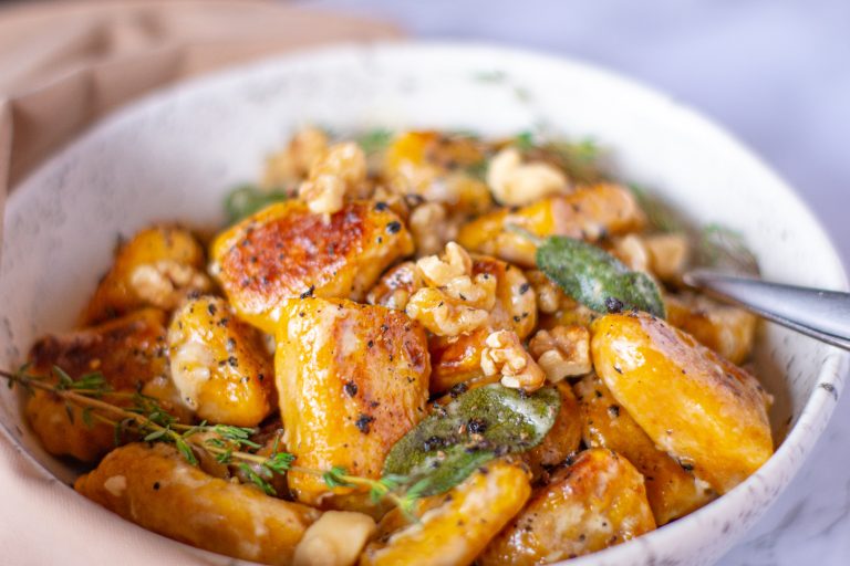 Pumpkin Gnocchi with Walnuts and Creamy Sage Sauce