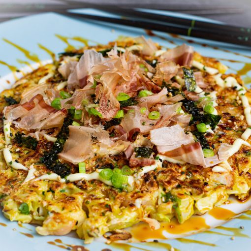 Okonomiyaki is a Japanese-style pancake