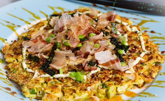 Okonomiyaki is a Japanese-style pancake