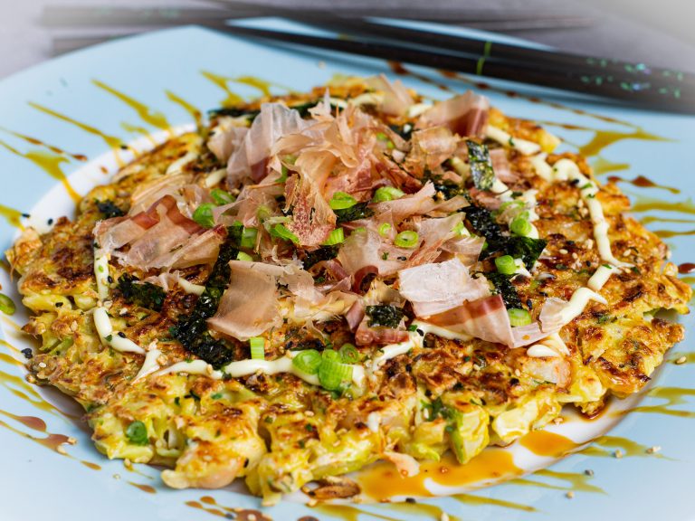 Okonomiyaki is a Japanese-style pancake