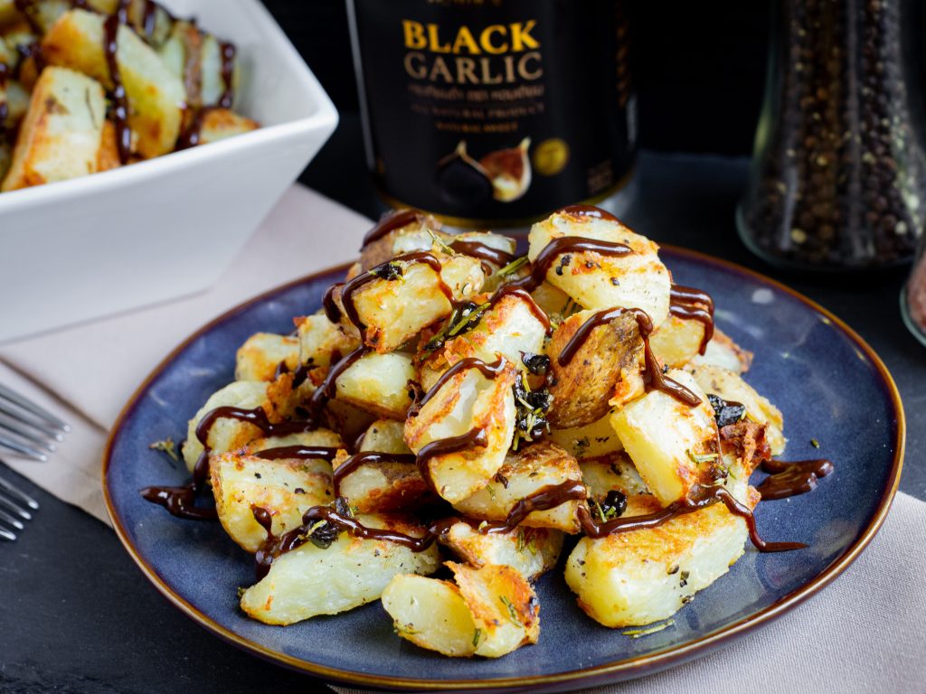 Smashed Potatoes with Black Garlic Sauce