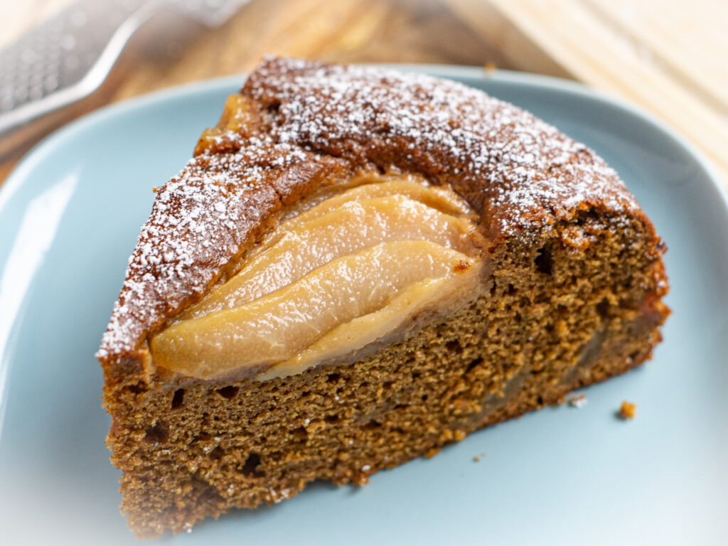 Poached Pear Gingerbread Cake, Slice of Cake