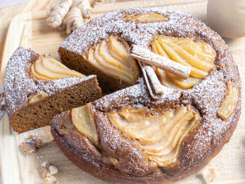 Bourbon Poached Pear Gingerbread Cake