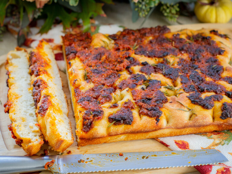 Red Tomato Pesto Focaccia Bread cut into slices