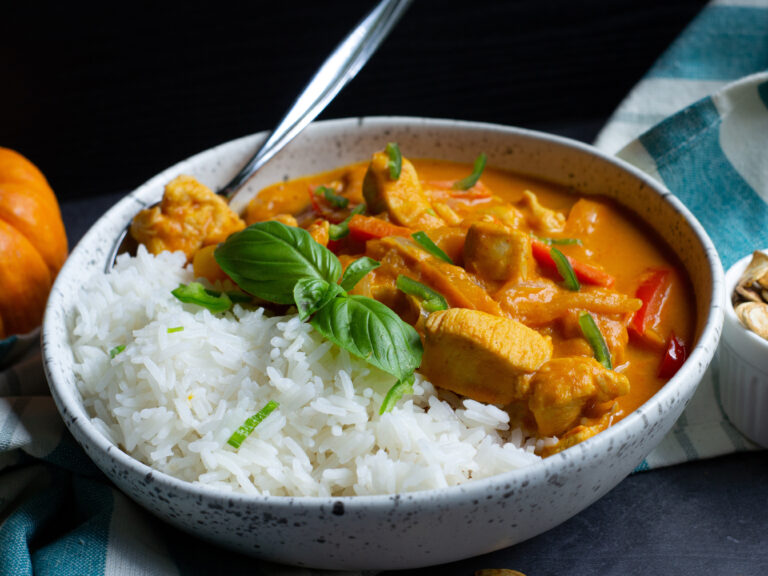 Thai-Style Chicken Pumpkin Curry in a bowl with rice