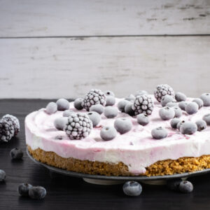 Icelandic Skyr Cake on a tray with berries