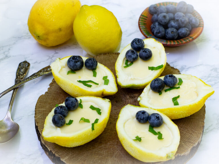 Lemon Blueberry Posset with mint garnish